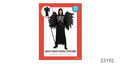 Black hooded, long tunic with a pointed hem; Large black feathered wings; Light-coloured ribcage design on the chest; Packaging states the costume includes a hooded tunic, wings and gloves;
