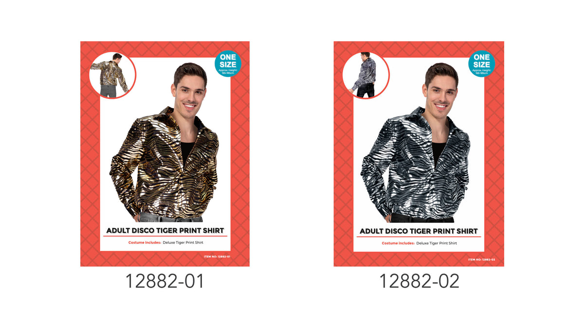 Long-sleeved shirt with a collared neckline; Wavy tiger-style stripe pattern; Packaging displays gold-and-black and silver-and-black examples; Packaging states one size and approximate height of 165–185 cm;