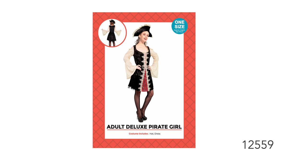 Black dress with cream-coloured, flared sleeves; Red-and-black striped front panel with decorative cream trim; Black pirate hat with a light-coloured edge; Packaging states the costume includes a hat and dress;