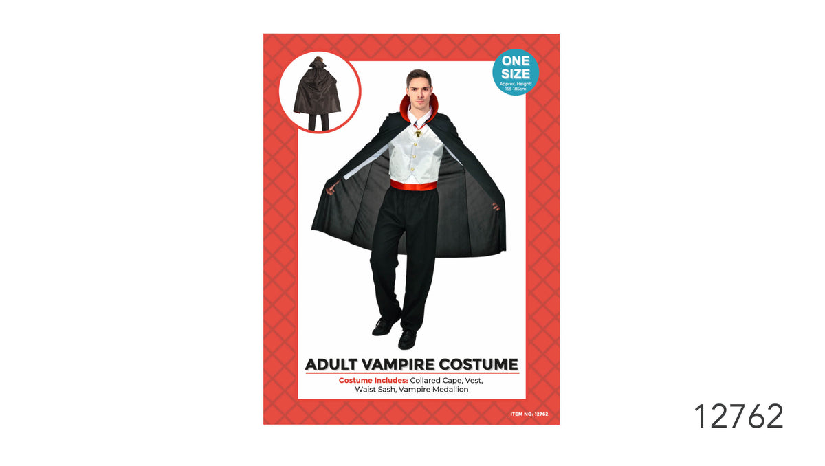 Black cape with a red-lined collar; White vest with gold-coloured buttons; Red waist sash; Gold-coloured medallion;