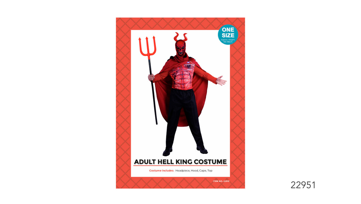 Red cape and long-sleeved top; Printed skeletal design on the torso; Red horned skull-style headpiece; A red three-pronged prop is shown beside the model;