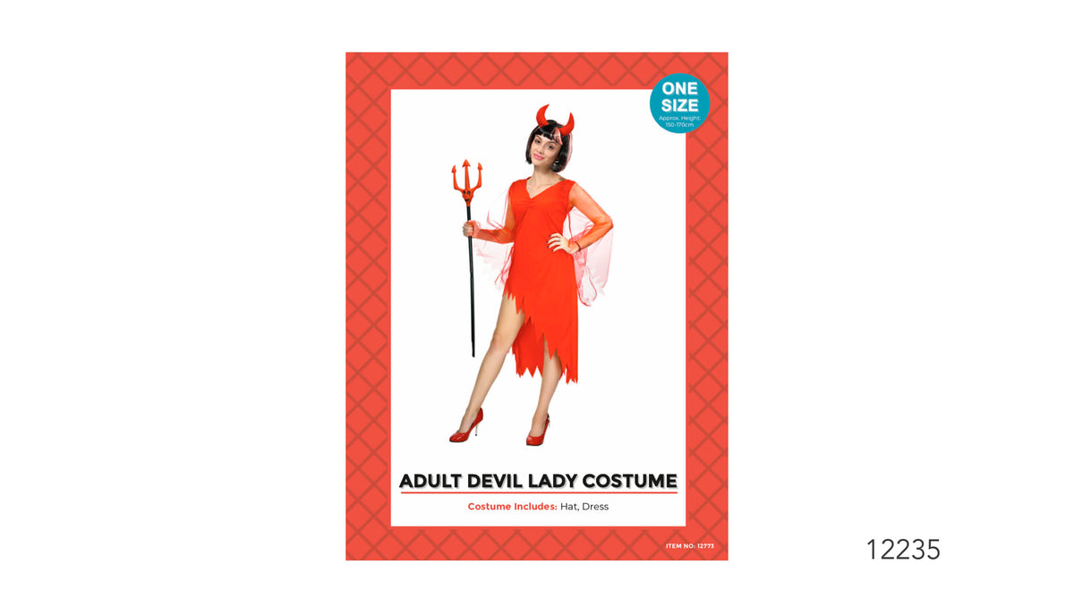 Bright red dress with a jagged hem; Red devil-horn hat; Sheer red fabric draped from the shoulders; Packaging states one size for an approximate height of 150–170 cm;
