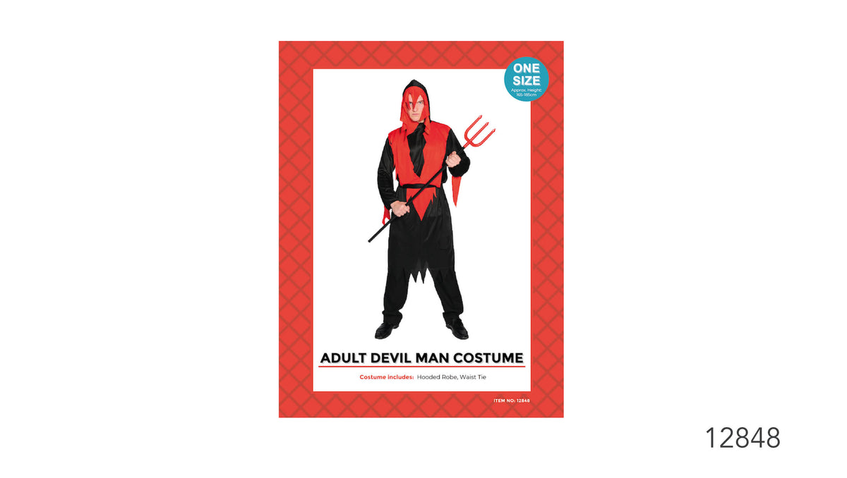 Red and black hooded robe; Long black sleeves and trousers shown; Red patterned packaging; Model pictured holding a red trident;