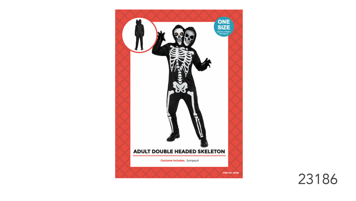 Black full-length jumpsuit; White skeleton print across the front and legs; Two skull faces shown at the hood; Red costume packaging;