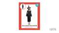 Black long dress with flared sleeves and a jagged hem; Black pointed hat with a wide brim and gold-coloured buckle; Costume shown on red and white packaging;