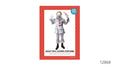 Silver-grey top and trousers; Red pom-pom details and trim; White gloves and shoe covers shown on the packaging image; Red patterned costume packaging;