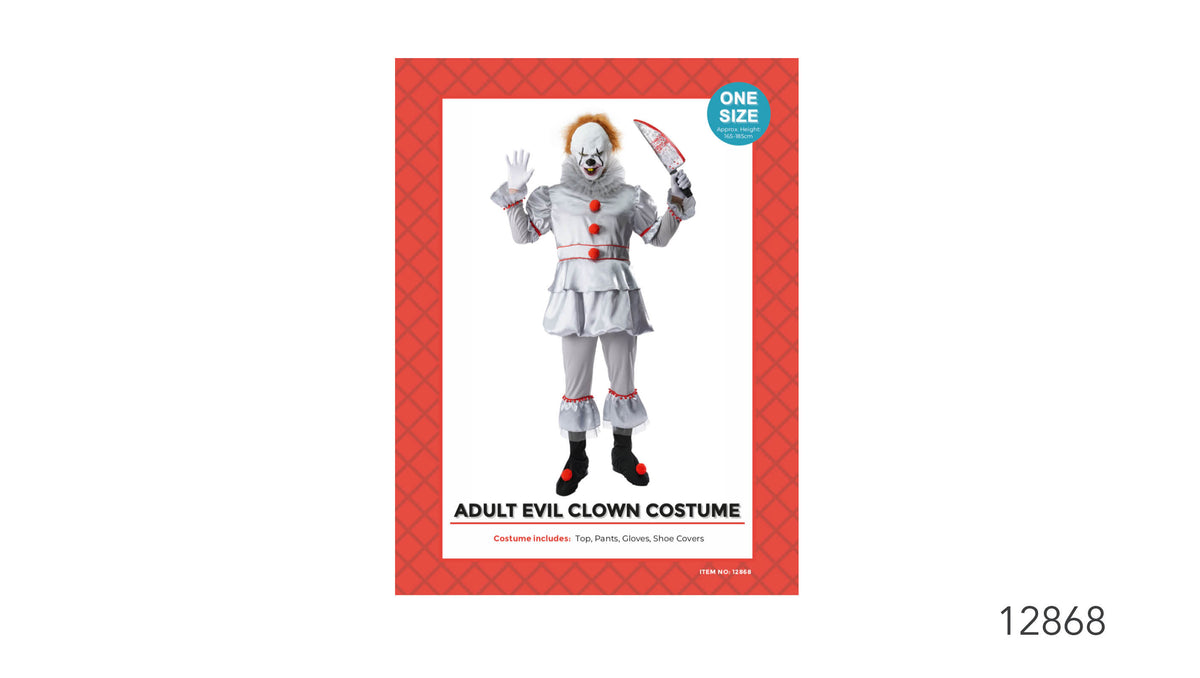 Silver-grey top and trousers; Red pom-pom details and trim; White gloves and shoe covers shown on the packaging image; Red patterned costume packaging;