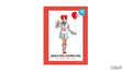 Silver-coloured dress with red trim and pom-pom details; Grey ruffled collar and puff sleeves; Red patterned costume packaging;