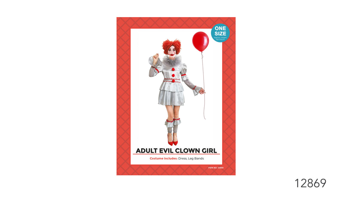 Silver-coloured dress with red trim and pom-pom details; Grey ruffled collar and puff sleeves; Red patterned costume packaging;