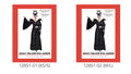 Black floor-length dress with wide sleeves; Raised, pointed collar; Black headpiece with two curved horns; Red patterned packaging;