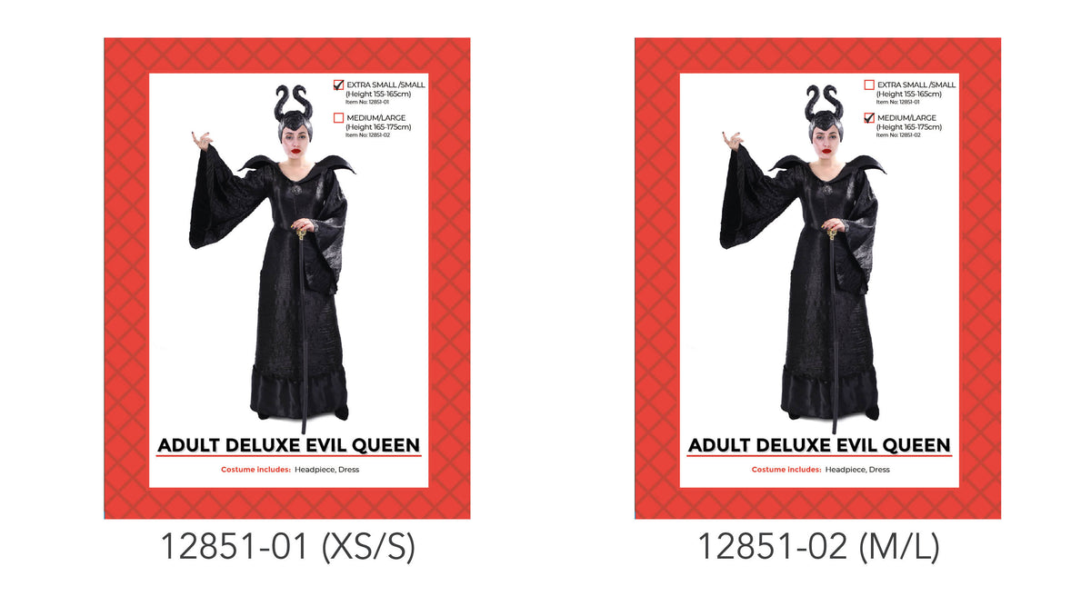 Black floor-length dress with wide sleeves; Raised, pointed collar; Black headpiece with two curved horns; Red patterned packaging;