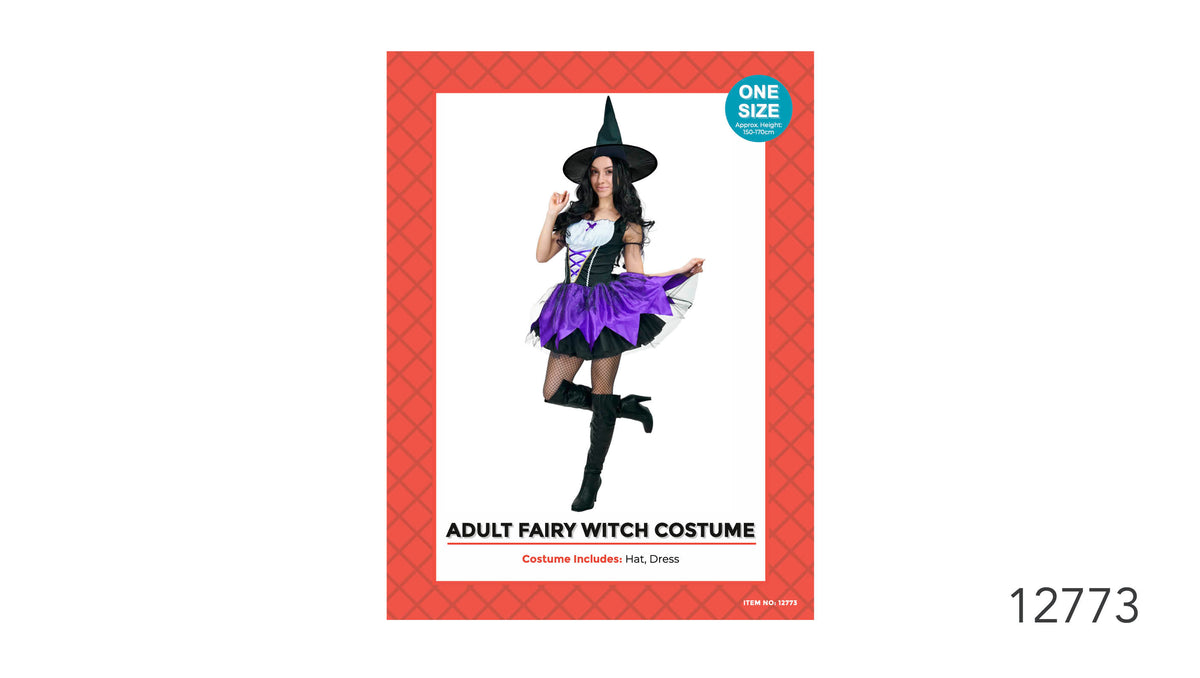 Packaging shows a black pointed witch hat and a black, purple and white dress.; The dress has a purple skirt and a white lace-up front panel.; Packaging states one size, for an approximate height of 150–170 cm.;