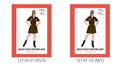 Olive-toned short-sleeve dress; Collar and front fastening; Decorative badges on the chest; Ruffled hem;