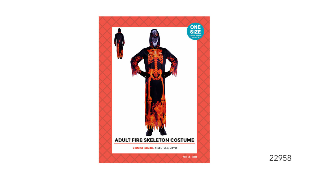 Black long tunic with orange and red flame graphics; Orange skeleton print across the front; Hooded mask with a skull graphic; Packaging states one size for approx. height 165–185 cm;
