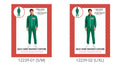 Green jacket and matching pants; White zip and stripe detailing; White number patch on the jacket; Costume packaging shows small/medium and large/extra large size options;