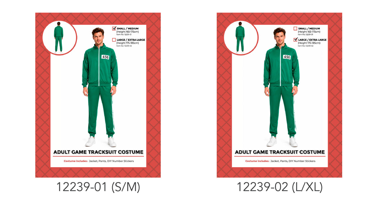 Green jacket and matching pants; White zip and stripe detailing; White number patch on the jacket; Costume packaging shows small/medium and large/extra large size options;