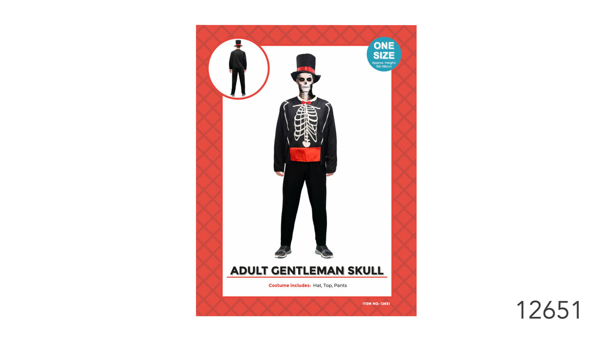 Black top and pants with a white skeleton design on the top; Black top hat with a red band; Red waist panel on the top; Packaging states one size and approximate height of 165–185 cm;