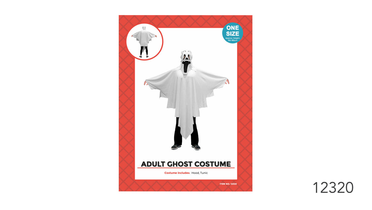 White hooded tunic with wide draped sleeves; Black face details on the hood; Red patterned product packaging; Packaging states one size and approximate height of 165–185 cm;