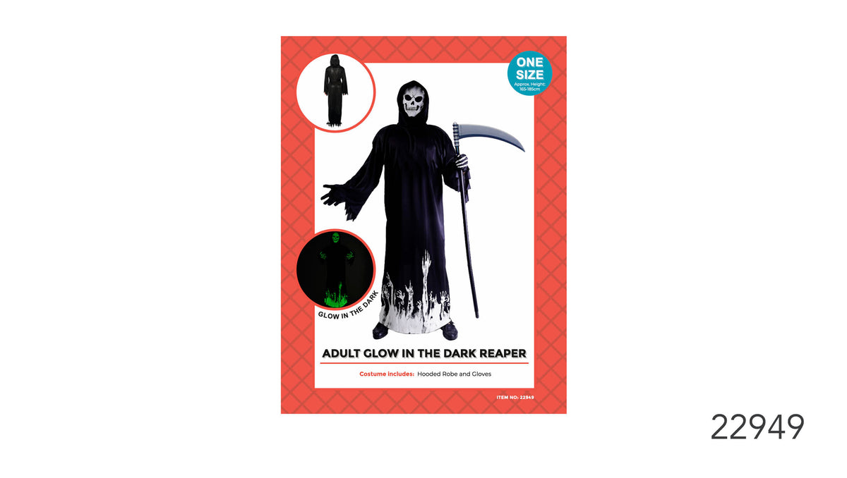 Long black hooded robe with ragged white detailing at the hem; White skull design on the hooded face area; Packaging shows green glow-in-the-dark details; Packaging indicates one size for an approximate height of 165–185 cm;
