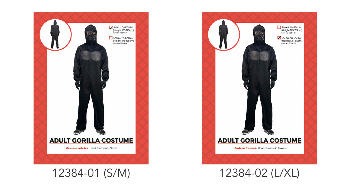 Black full-length jumpsuit; Hood with gorilla-style facial details; Gloves shown with the costume; Packaging shows Small/Medium and Large/X-Large size options;