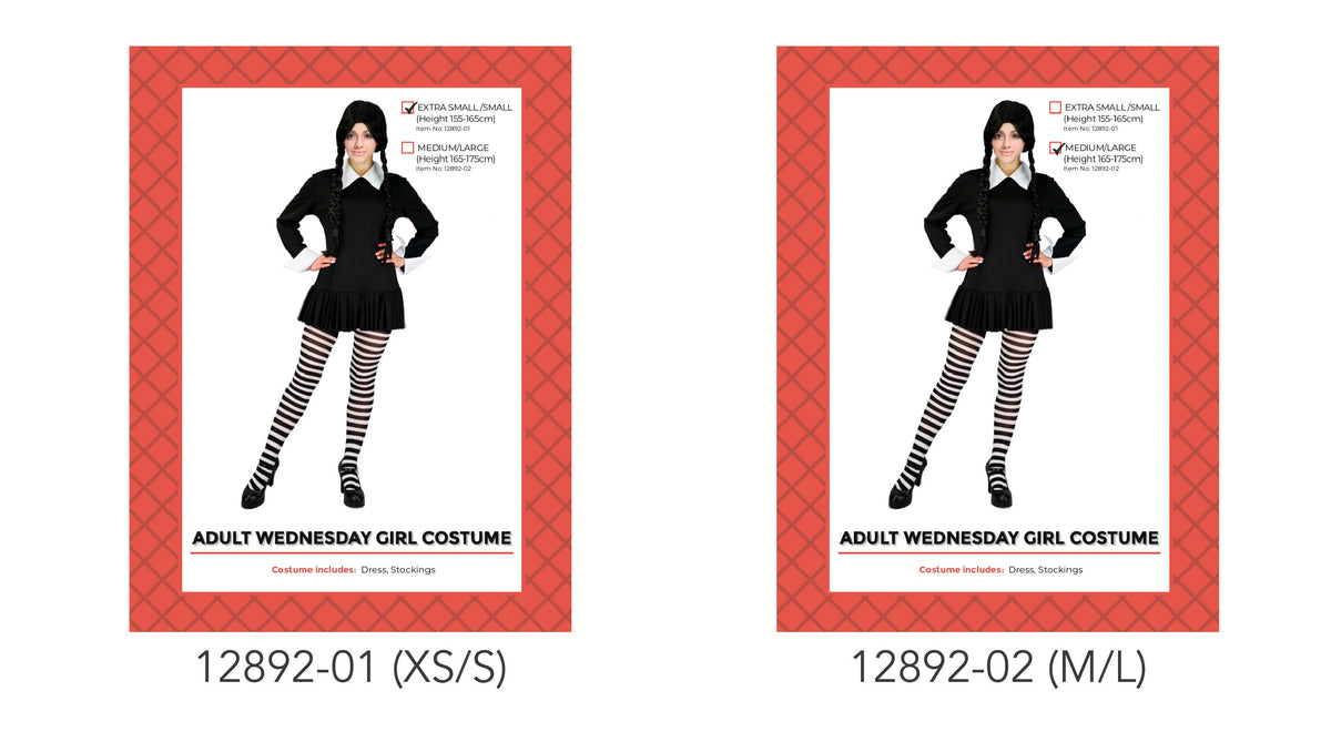 Black long-sleeved dress with a pleated skirt; White collar and sleeve cuffs; Black and white striped stockings; Model shown with long dark braids;