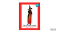 Black pointed witch hat with a wide brim; Long black dress with a bright orange printed front panel; Jagged hem on the dress; Red patterned costume packaging;