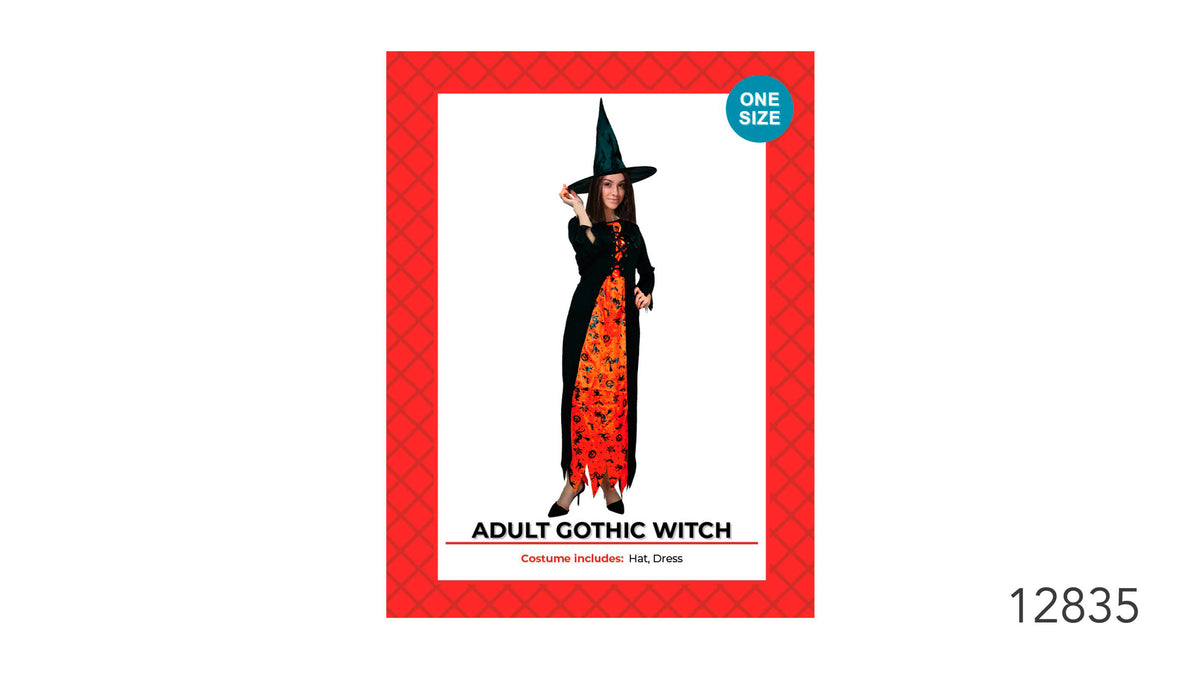 Black pointed witch hat with a wide brim; Long black dress with a bright orange printed front panel; Jagged hem on the dress; Red patterned costume packaging;