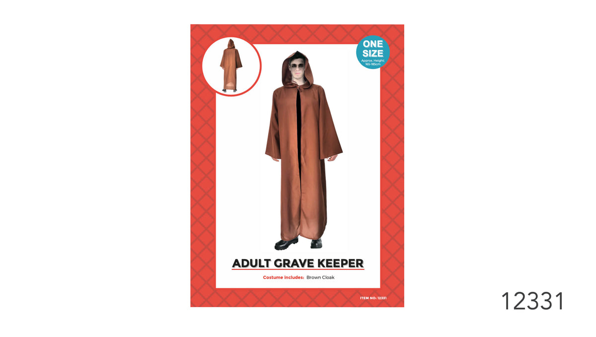 Long brown cloak with a hood; Wide sleeves and an open front; Costume packaging states one size and approx. height 165–185 cm; Packaging says the costume includes a brown cloak;