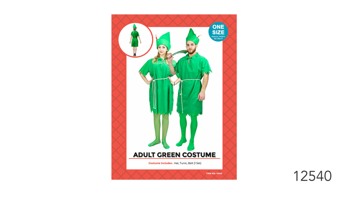 Bright green hat and tunic; Jagged edges on the sleeves and tunic hem; Light-coloured cord belt; Packaging shows an approximate height range of 165–185 cm;