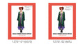 Long green dress with flared sleeves; Purple front panel with pale yellow criss-cross detailing; Yellow decorative motifs along the green trim; Packaging shows XS/S and M/L size options;