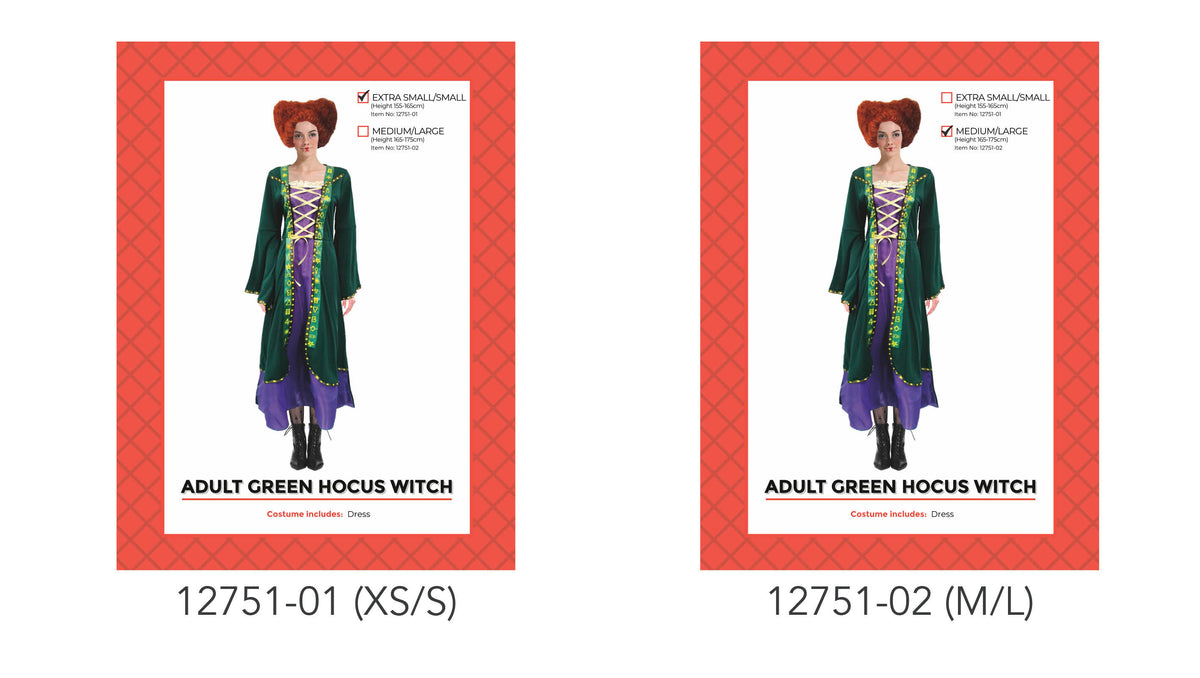 Long green dress with flared sleeves; Purple front panel with pale yellow criss-cross detailing; Yellow decorative motifs along the green trim; Packaging shows XS/S and M/L size options;