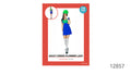 Bright green hat; Blue dress with green upper section; Yellow circular details on the dress straps; Red patterned packaging;