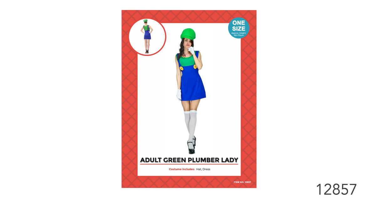 Bright green hat; Blue dress with green upper section; Yellow circular details on the dress straps; Red patterned packaging;