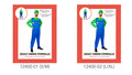 Bright green long-sleeved top; Blue overalls with yellow circular buttons; Green hat; Black moustache;