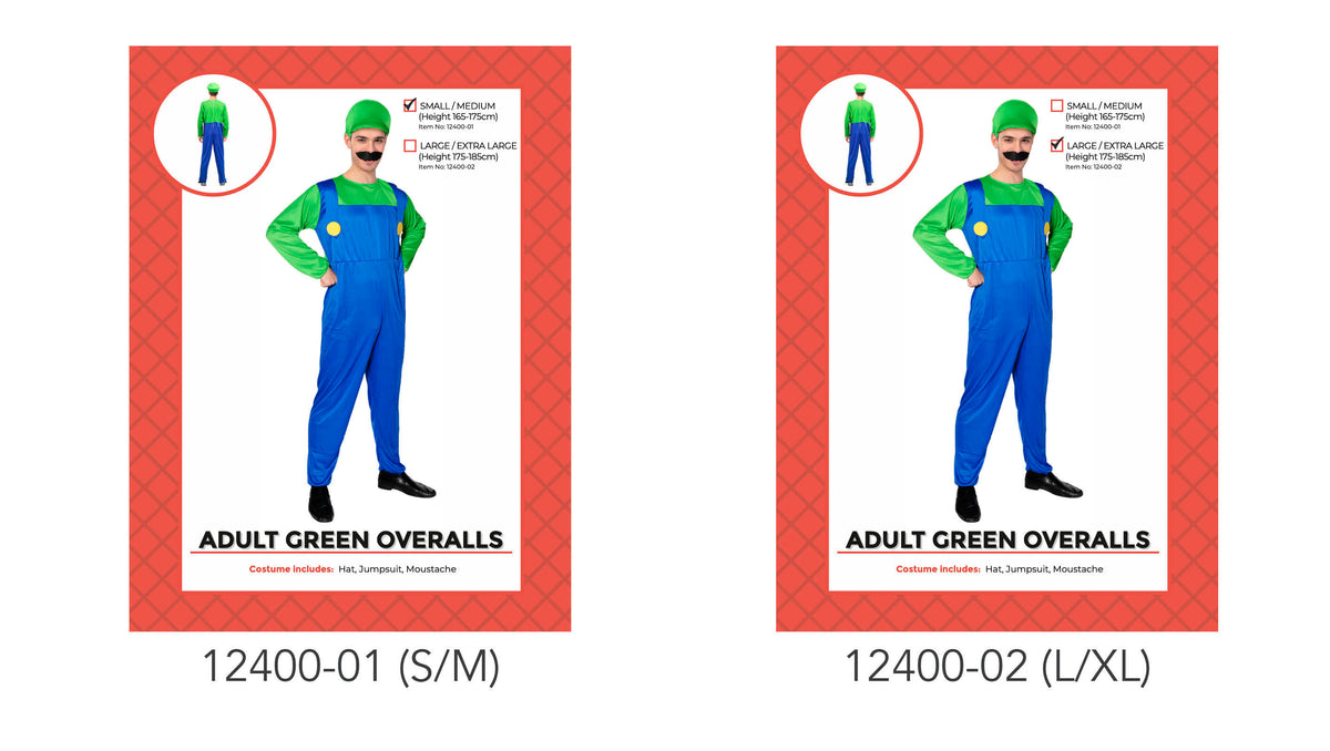 Bright green long-sleeved top; Blue overalls with yellow circular buttons; Green hat; Black moustache;