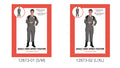 Grey full-length jumpsuit; Red and white emblems on the chest and sleeve; Red patterned product packaging; Packaging shows S/M and L/XL size options;