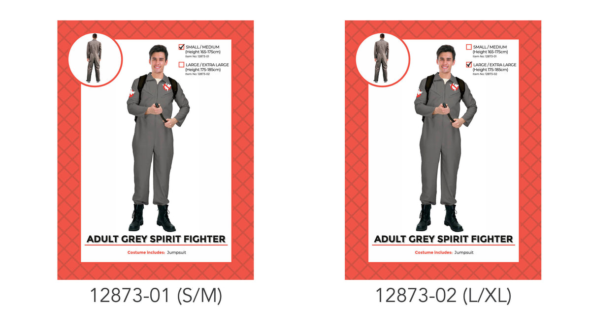Grey full-length jumpsuit; Red and white emblems on the chest and sleeve; Red patterned product packaging; Packaging shows S/M and L/XL size options;
