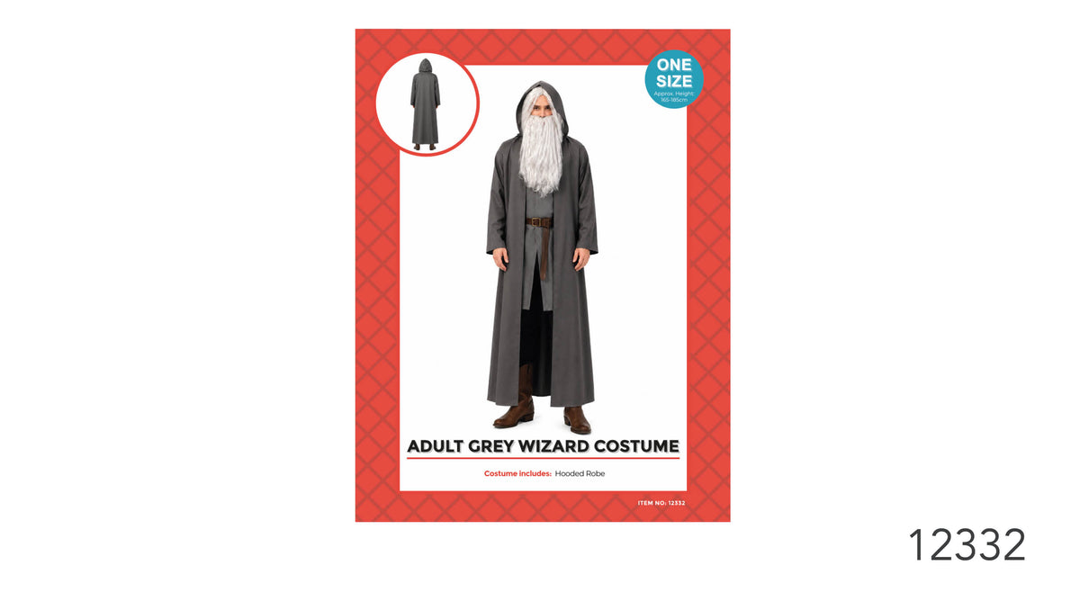 Long, dark grey robe with a hood; Open-front robe design; Red patterned product packaging; Packaging shows a one-size badge;