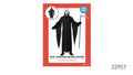 Long black hooded tunic with jagged edges; White mask with black eye and mouth openings; Black gloves shown with the costume; Red patterned costume packaging;