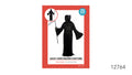 Long black hooded tunic; Wide, flared sleeves; Jagged hem; Black gloves shown on the packaging;