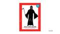 Red patterned costume packaging; Black floor-length hooded robe with wide sleeves; Skull-style face mask; Packaging states one size;