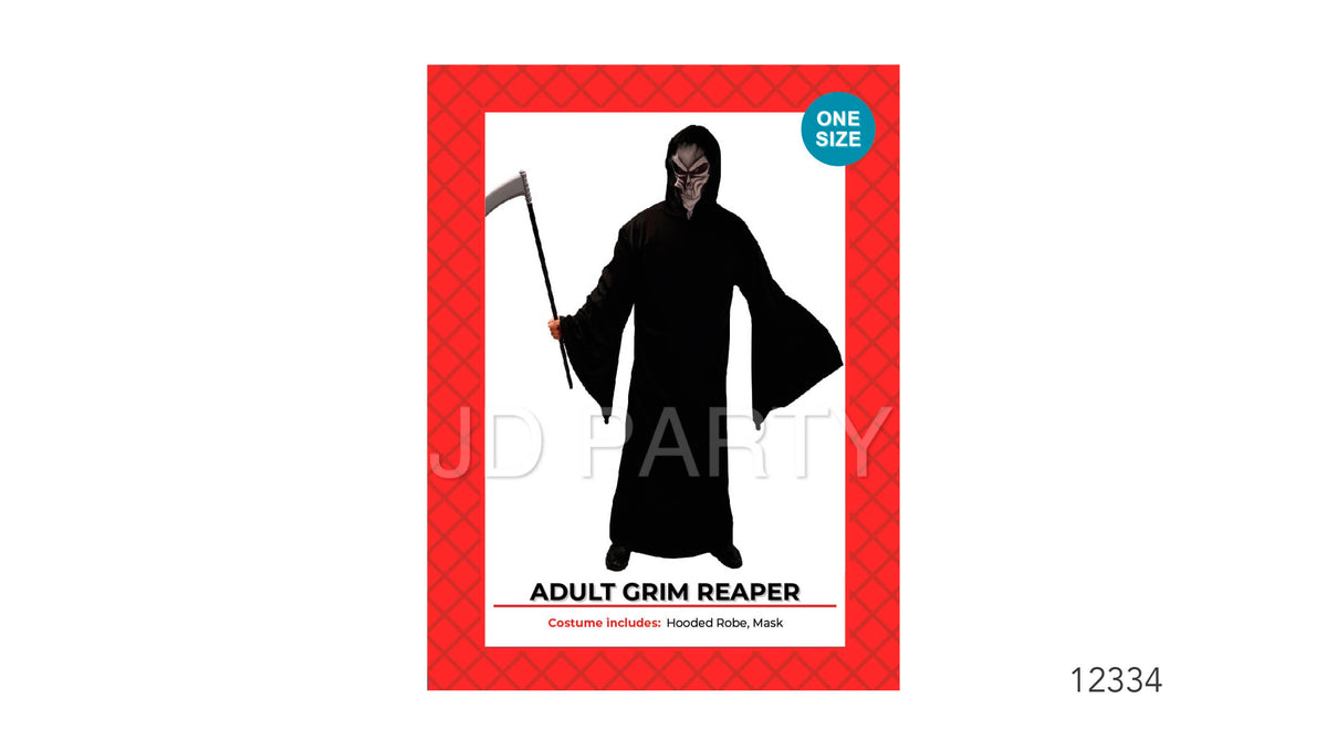 Red patterned costume packaging; Black floor-length hooded robe with wide sleeves; Skull-style face mask; Packaging states one size;