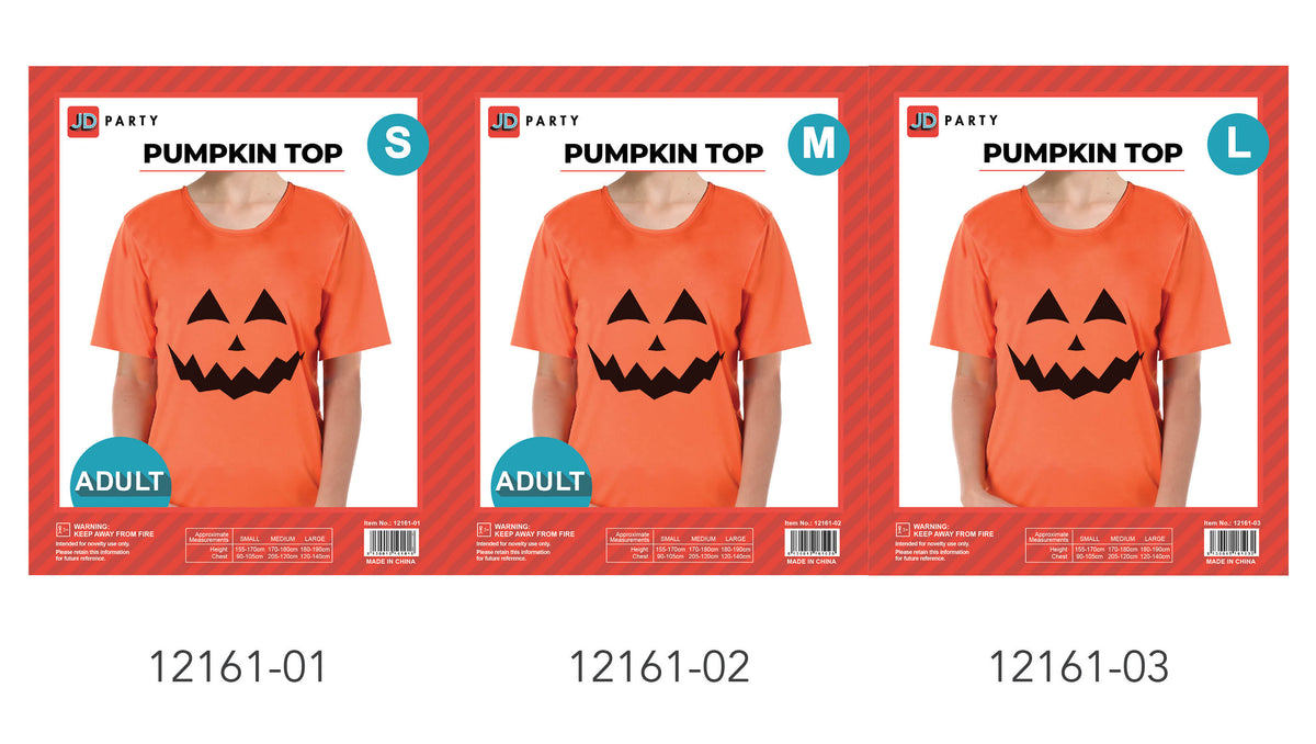 Bright orange short-sleeved top; Black jack-o’-lantern face graphic on the front; Crew neckline; Packaging displays adult sizes S, M and L;