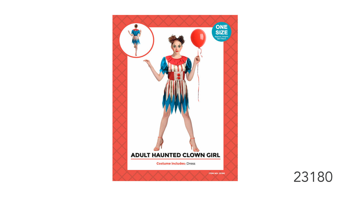 Red and cream striped dress; Blue puff sleeves and jagged hem; Red ruffle collar and two red buttons; Shown in red packaging;