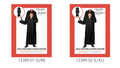 Long black robe with full-length silhouette; Loose, wide sleeves; Red-and-white striped detail at the neck;