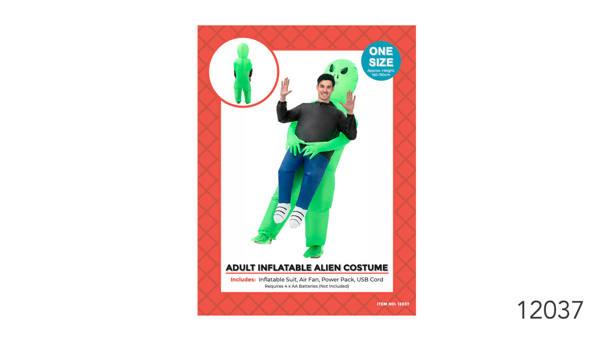 Bright green inflatable alien with a large head and dark facial details; Alien figure is shown carrying a person wearing a black top and blue trousers; Packaging states one size and an approximate height of 160–190 cm;