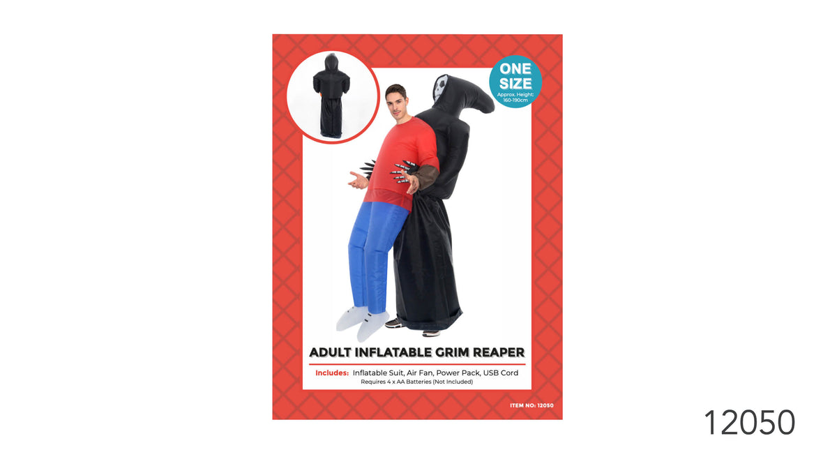 Black hooded Grim Reaper design with a white skull face; Long black robe-like inflatable suit; Costume packaging shows an adult wearing the inflatable design; Packaging states one size and approximate height of 160–190 cm;