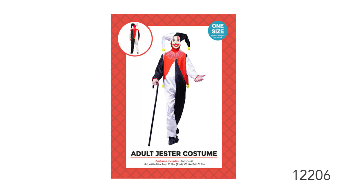 Red, black and white colour-block jumpsuit; Two-point jester hat with yellow pom-poms; Red collar detail and white frill collar; Costume shown on red patterned packaging;
