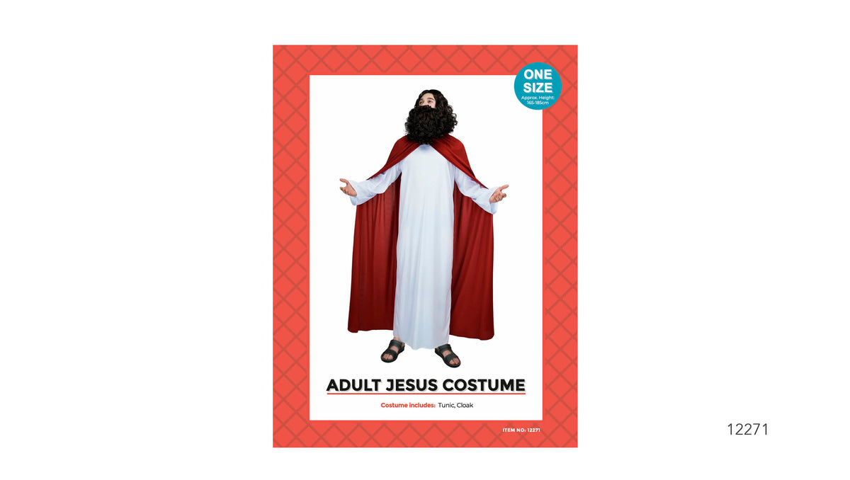 Long white tunic; Red cloak; Costume shown on an adult model; Red patterned packaging with a one-size label;