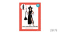 Black, long dress with a jagged hem; Pointed black witch hat; Sheer lace-look sleeves and side panels; Packaging states one size and approximate height of 150–170 cm;